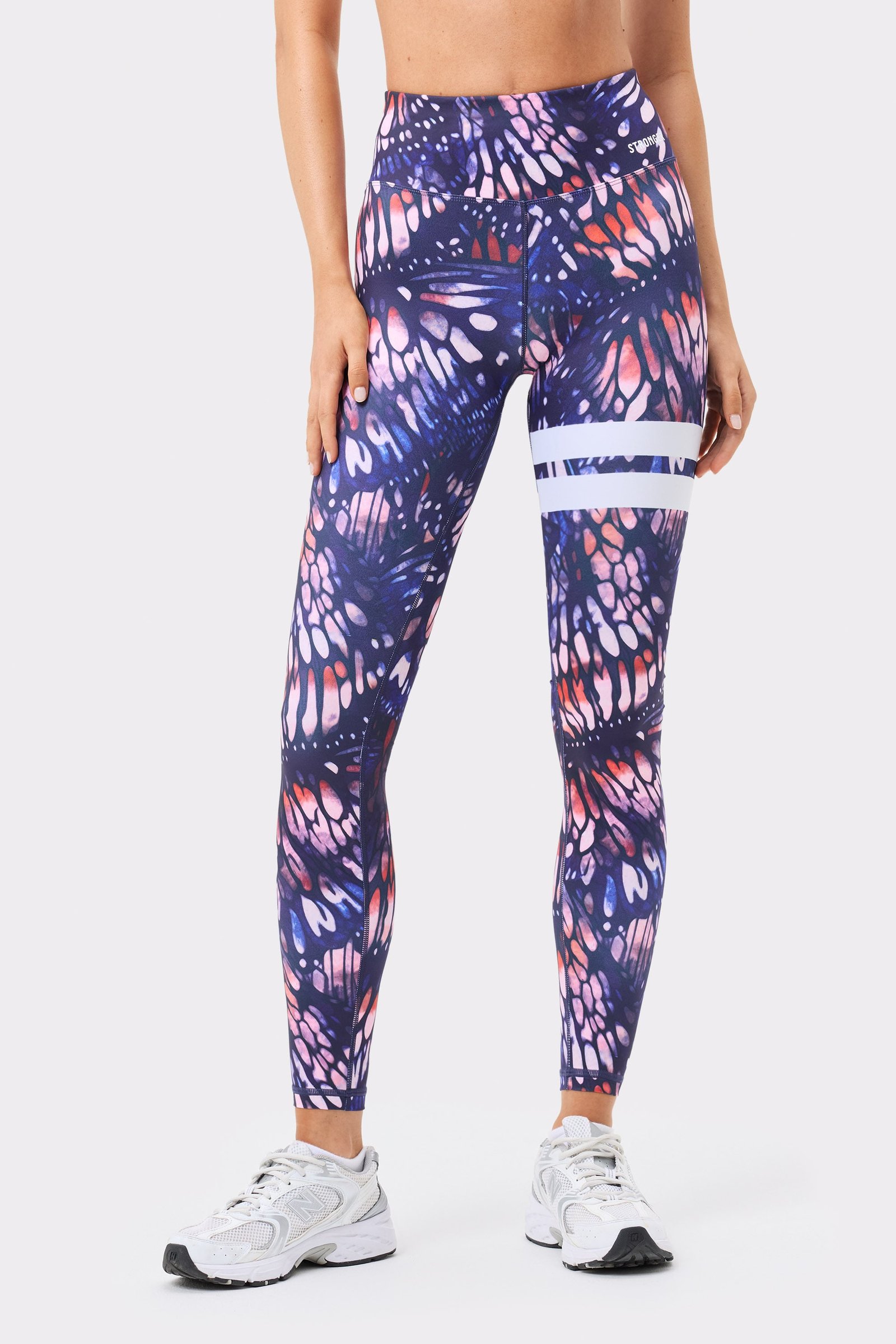 Stronger Explore Printed Leggings in Dark Pink butterfly print with high waist and signature white stripes.