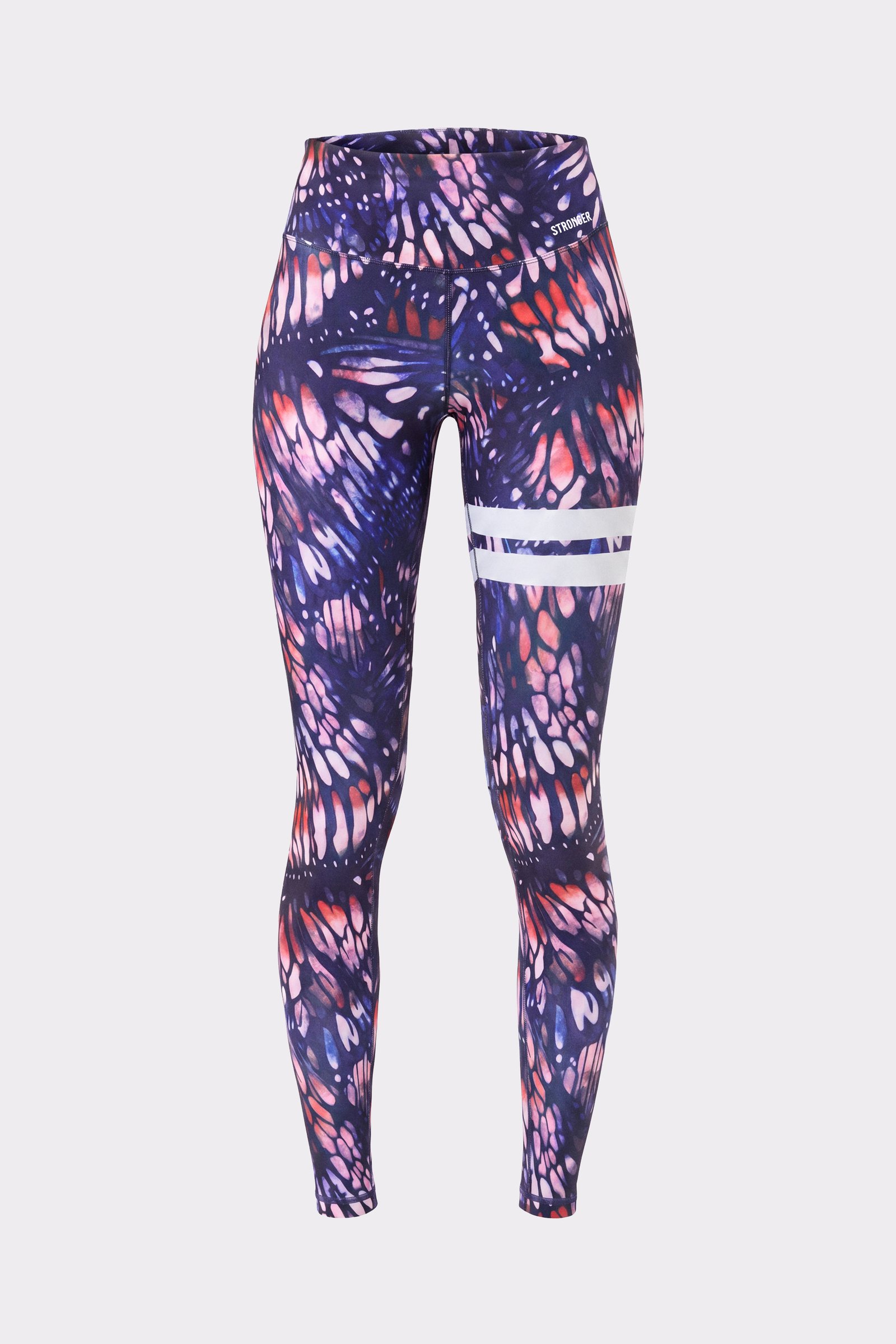 Front view of Stronger Explore Printed Leggings in a dark pink butterfly print with white signature stripes.