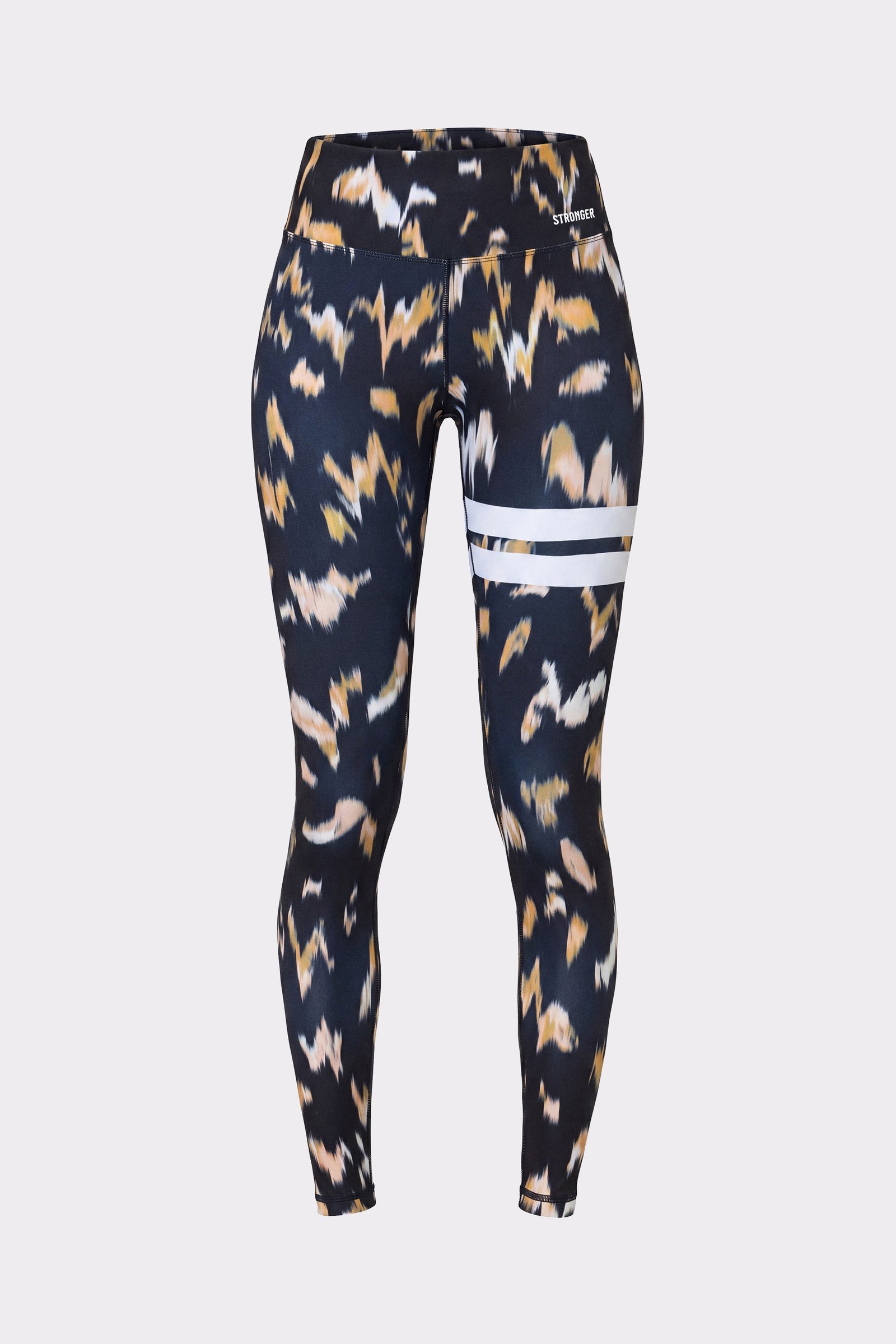 Stronger Explore Printed Leggings in Savannah Print, featuring a multicolour pattern and signature white stripes.