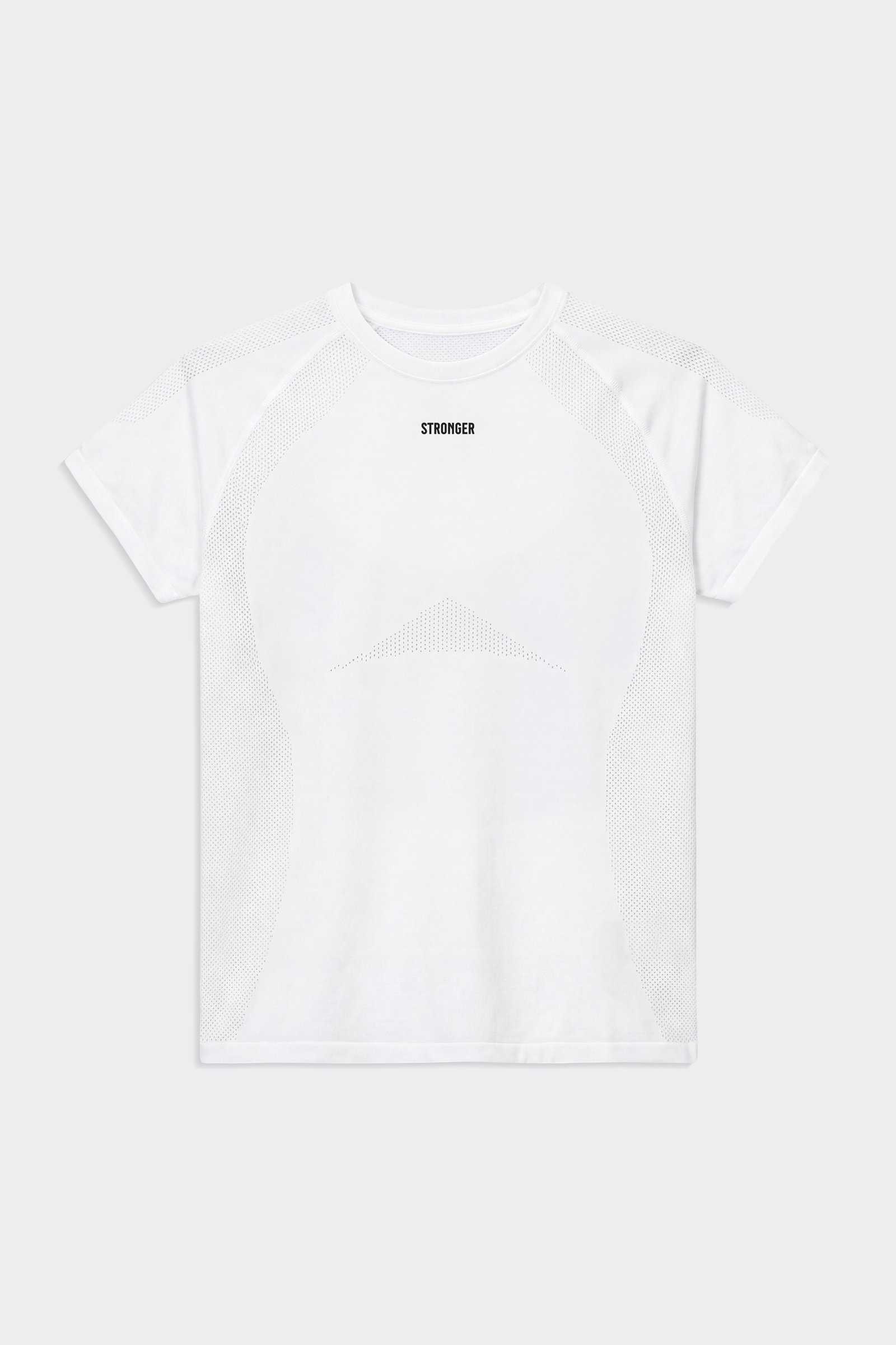 Front view of Stronger's Bright White Seamless Performance T-shirt with breathable mesh detailing and a slim fit.