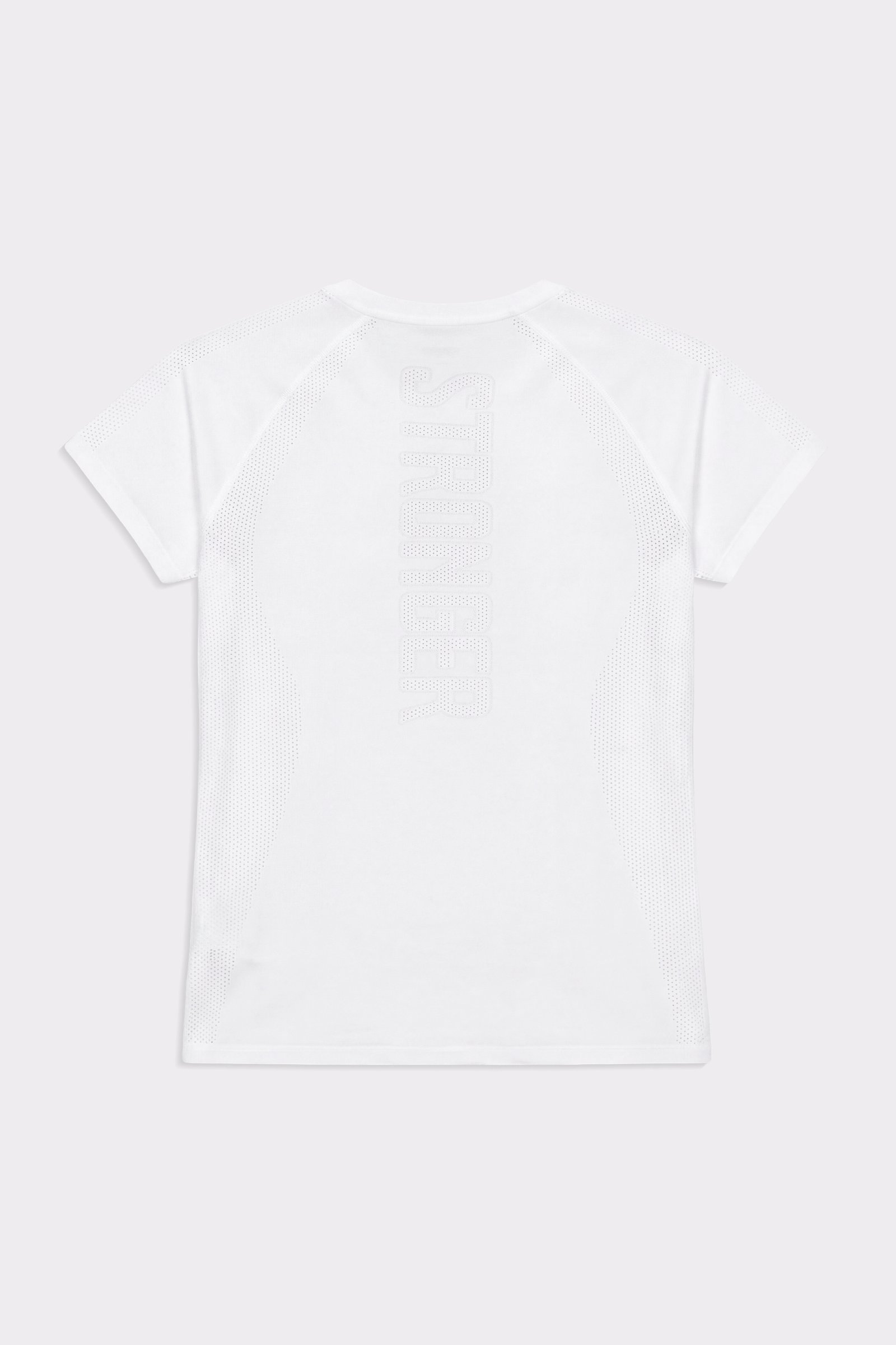 White Seamless Performance T-shirt from Stronger, featuring breathable mesh panels and a vertical back logo.