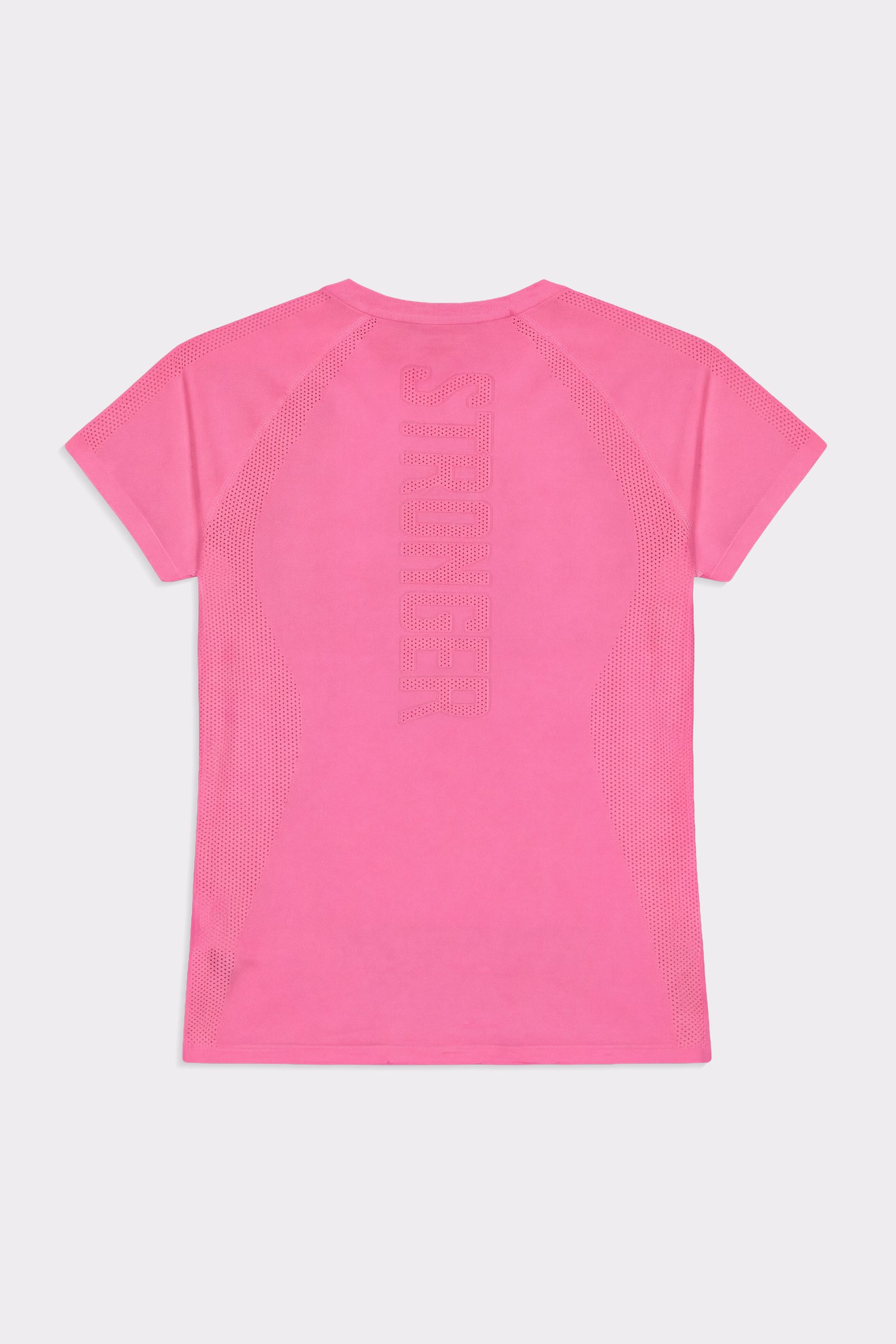 Back view of the pink Stronger Seamless Performance T-shirt, featuring a vertical logo and breathable mesh panels.