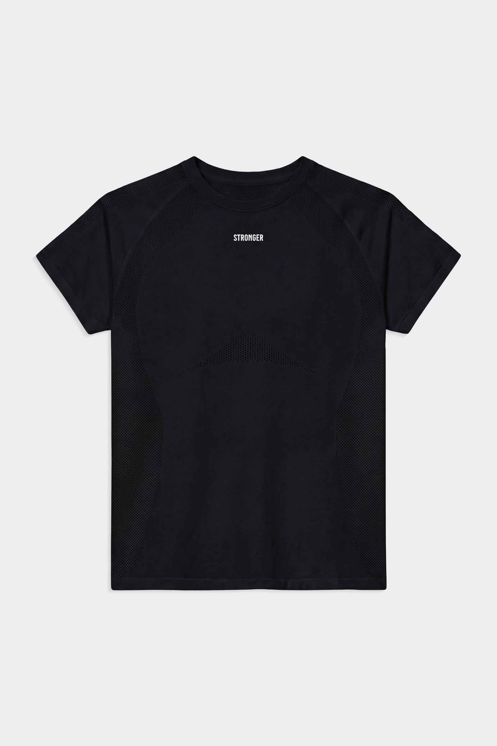 Black Seamless Performance T-shirt from Stronger, featuring a slim fit, breathable mesh textures, and a white chest logo.