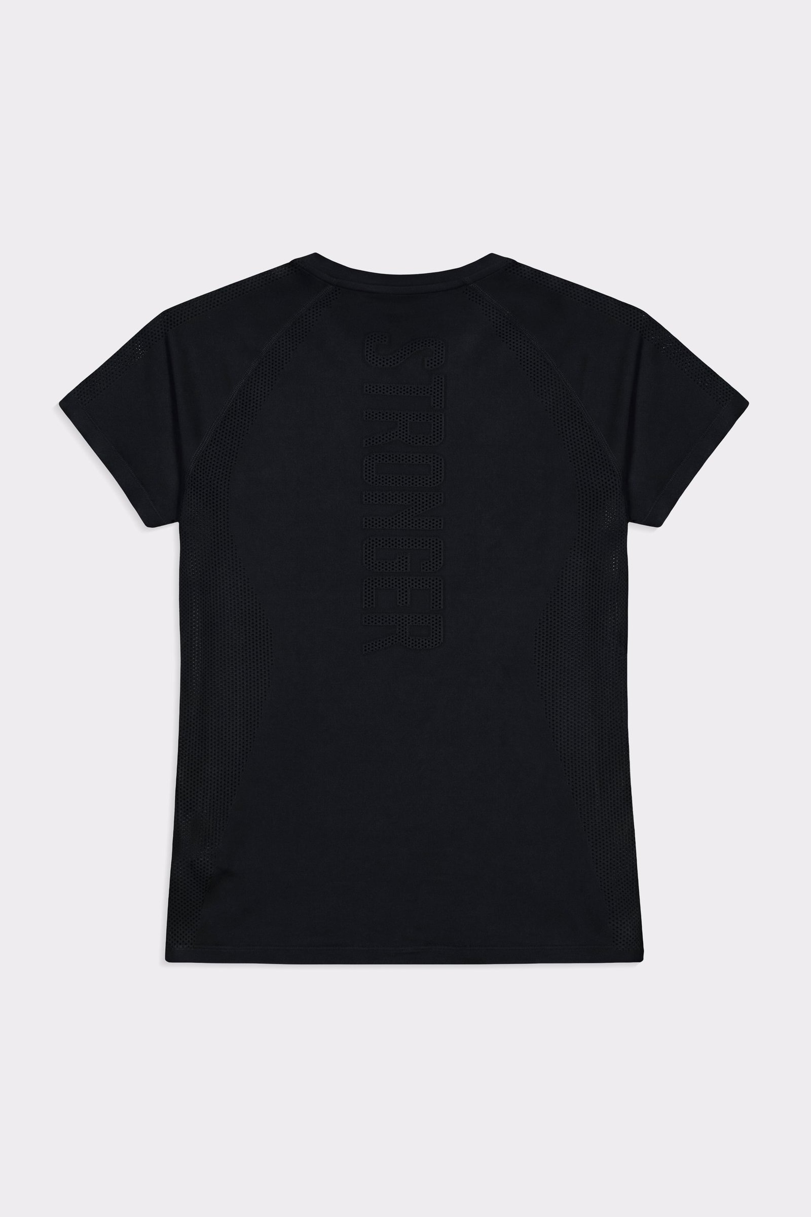 Back of the black Seamless Performance T-shirt from Stronger, featuring vertical branding and breathable mesh panels.