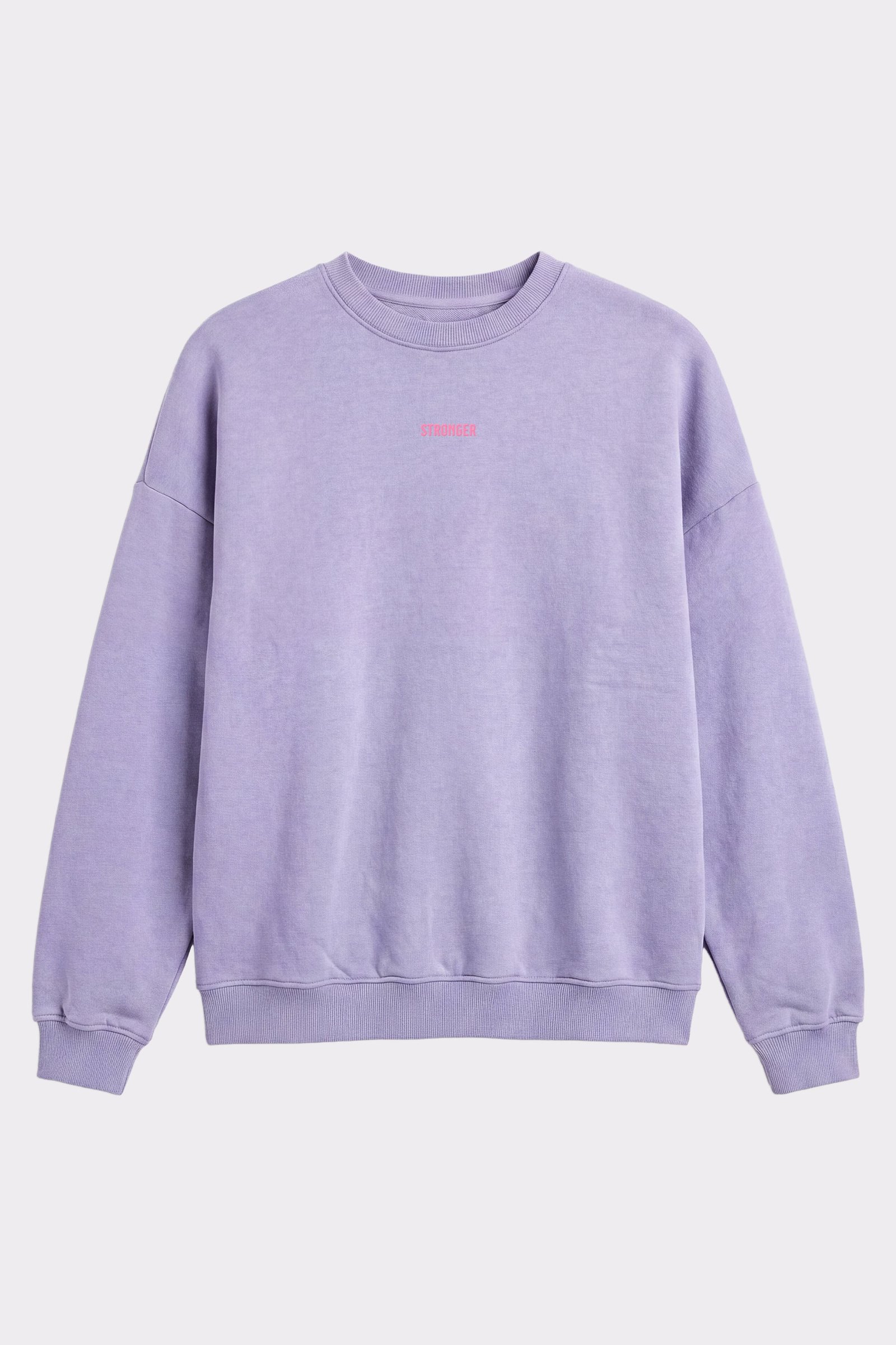 Oversized Stronger Comfy Washed Sweatshirt in vintage violet featuring a washed-out look and small pink logo.