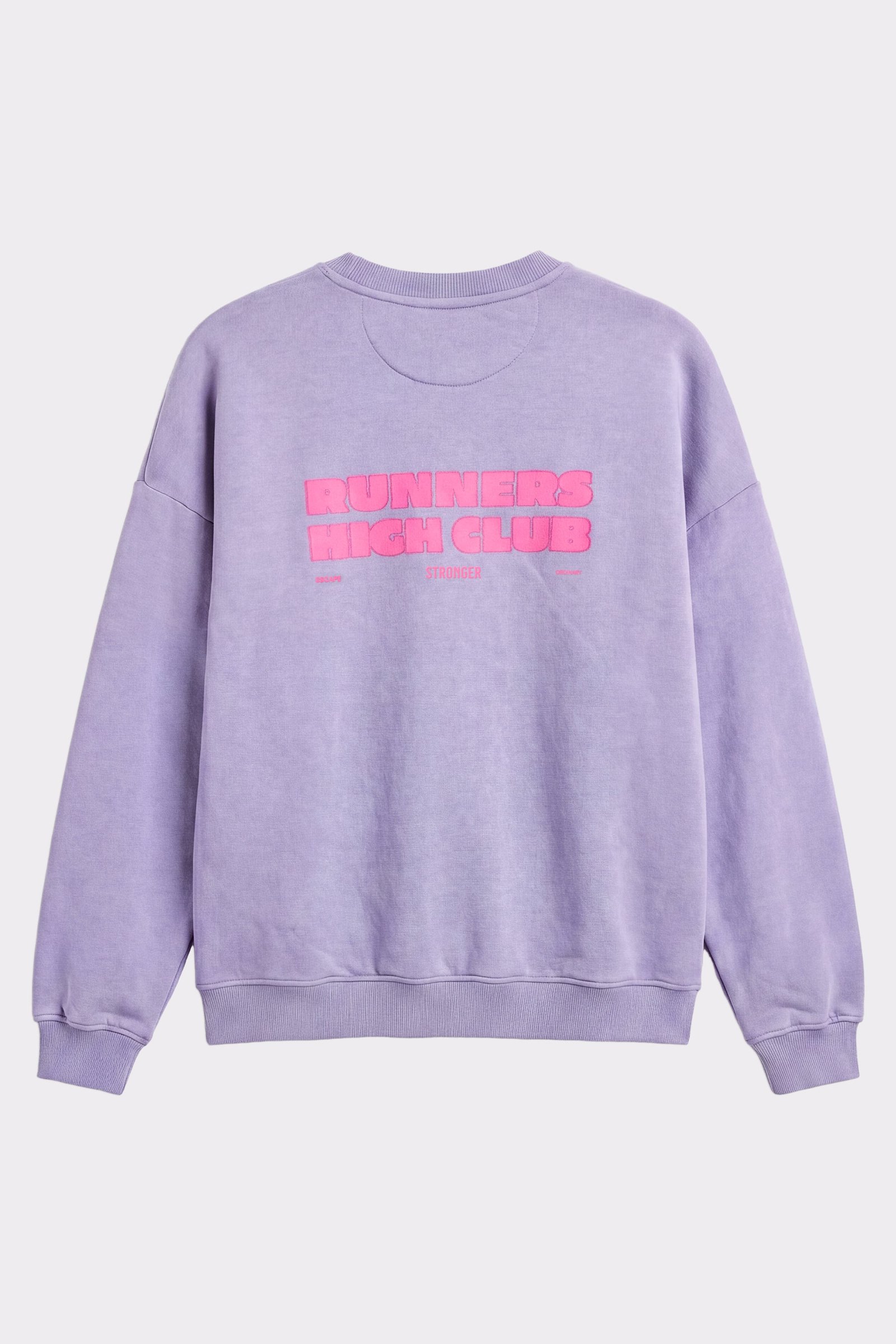 Back view of the Stronger Comfy Washed Sweatshirt in vintage violet, featuring pink Runners High Club graphic print.