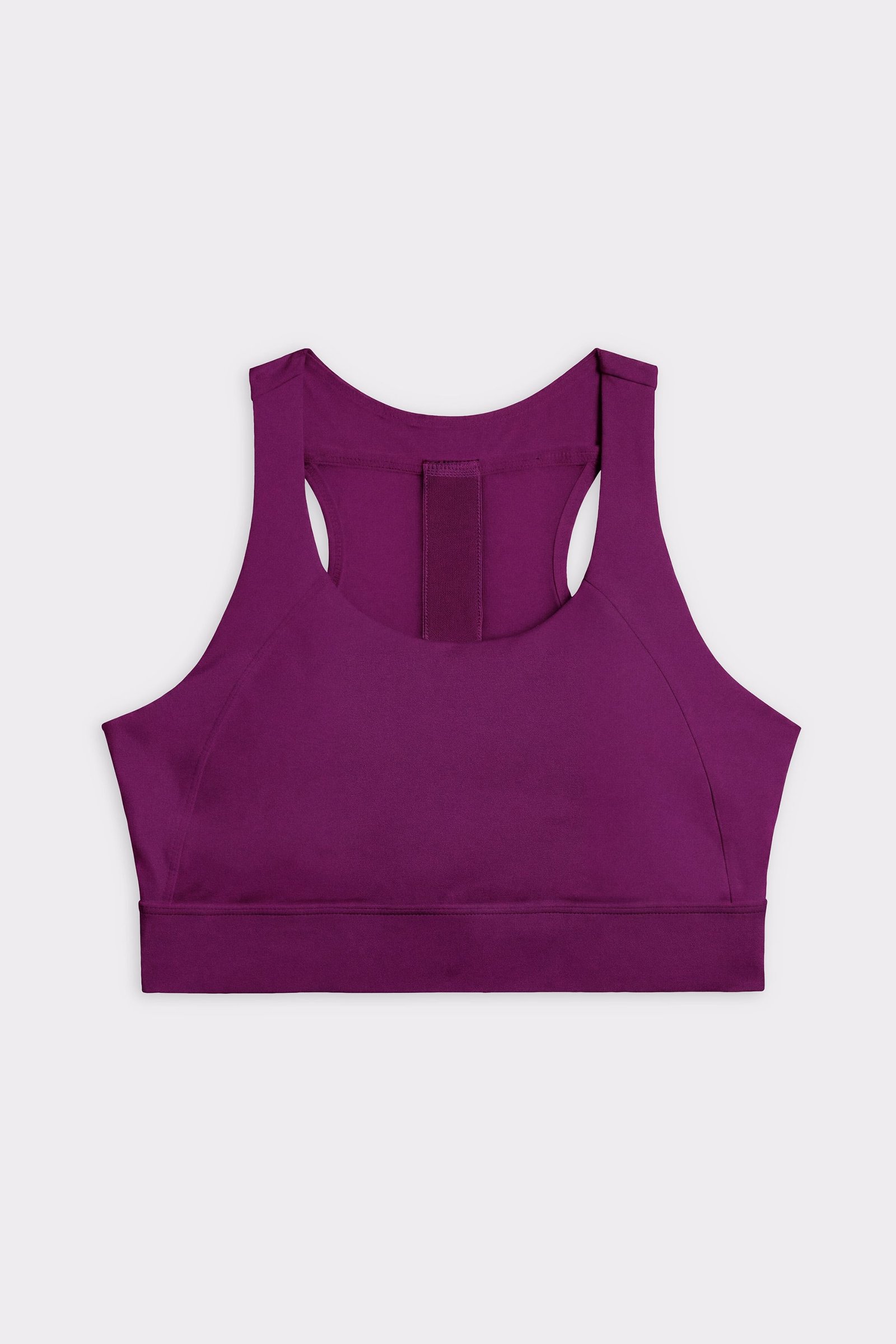 Front view of the Stronger Bounce Sports Bra in aubergine purple, showing the high-support design and wide shoulder straps.