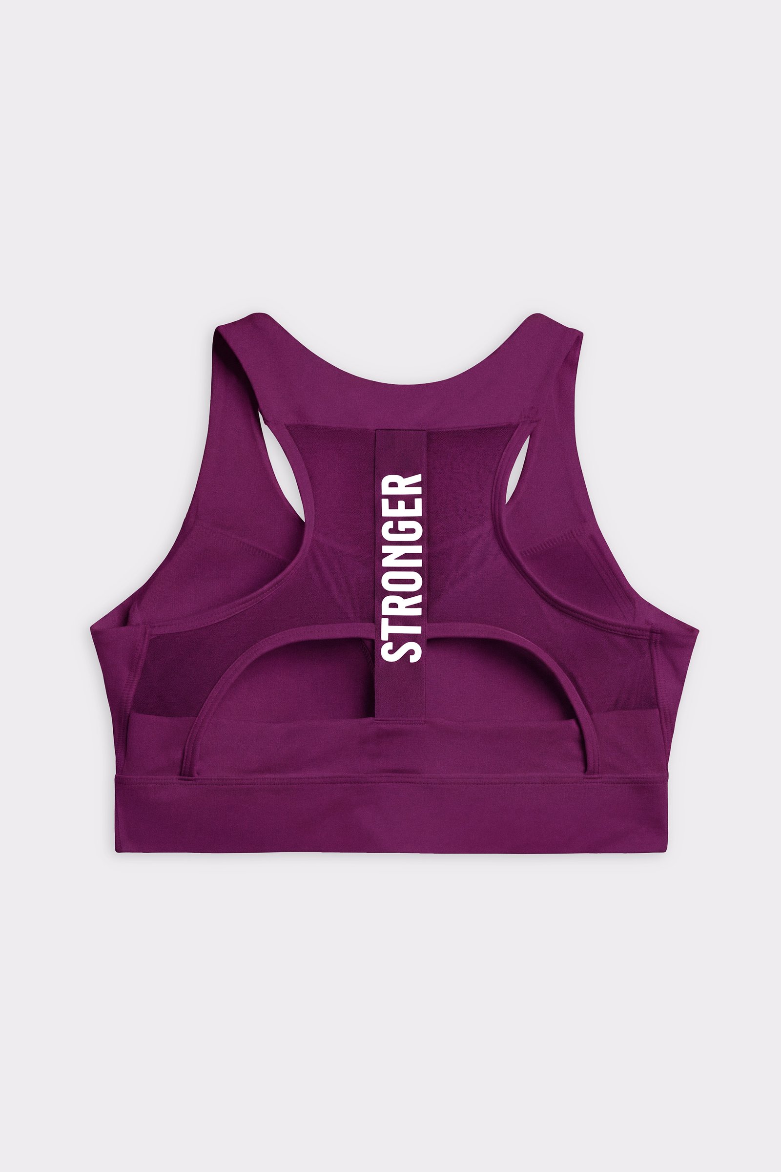 Back view of the Stronger Bounce Sports Bra in aubergine purple, showing the mesh back and vertical logo.