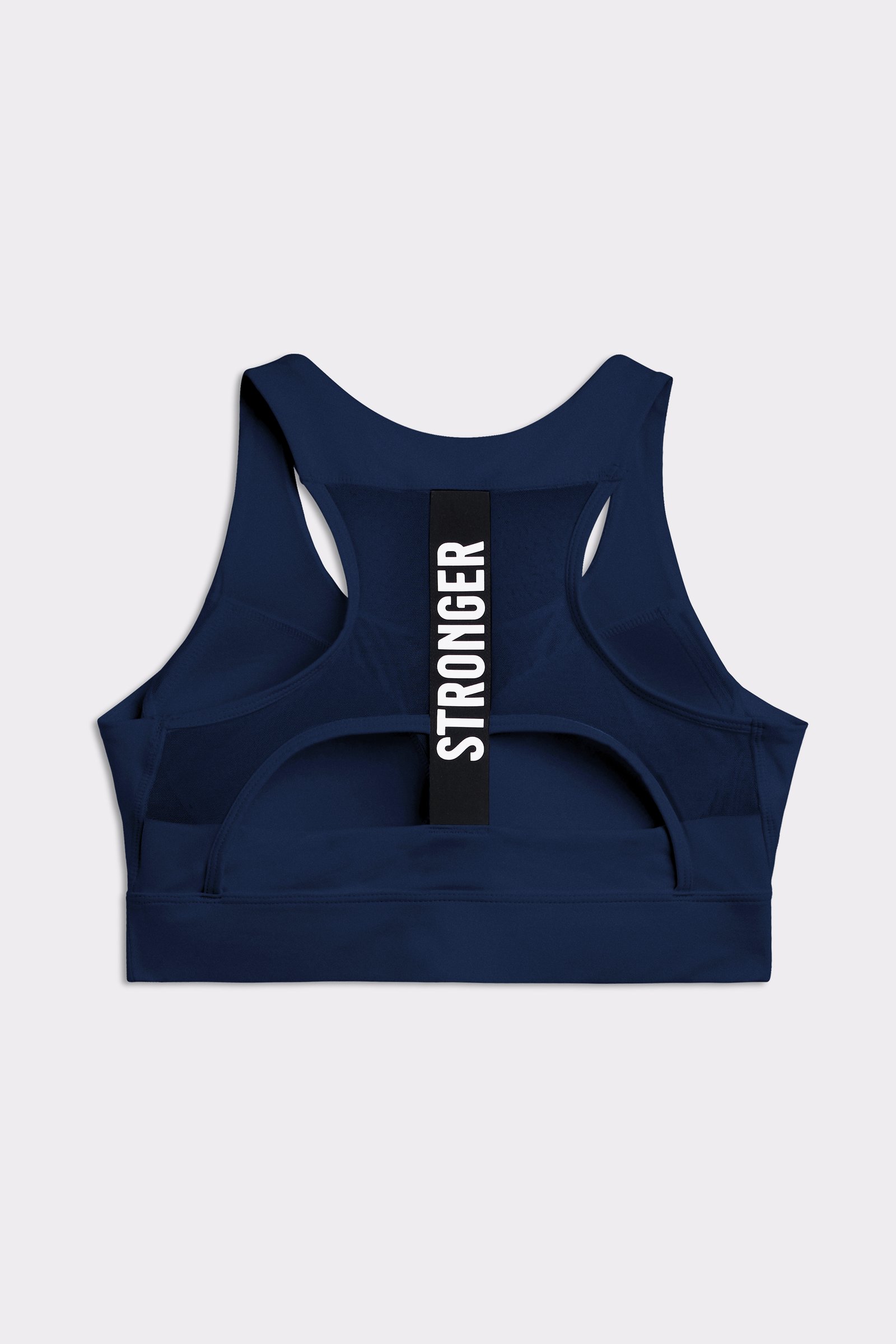 Rückansicht des dunkelblauen Stronger Bounce Sports Bra mit Mesh-Rücken, elastischem Band und vertikalem Logo.