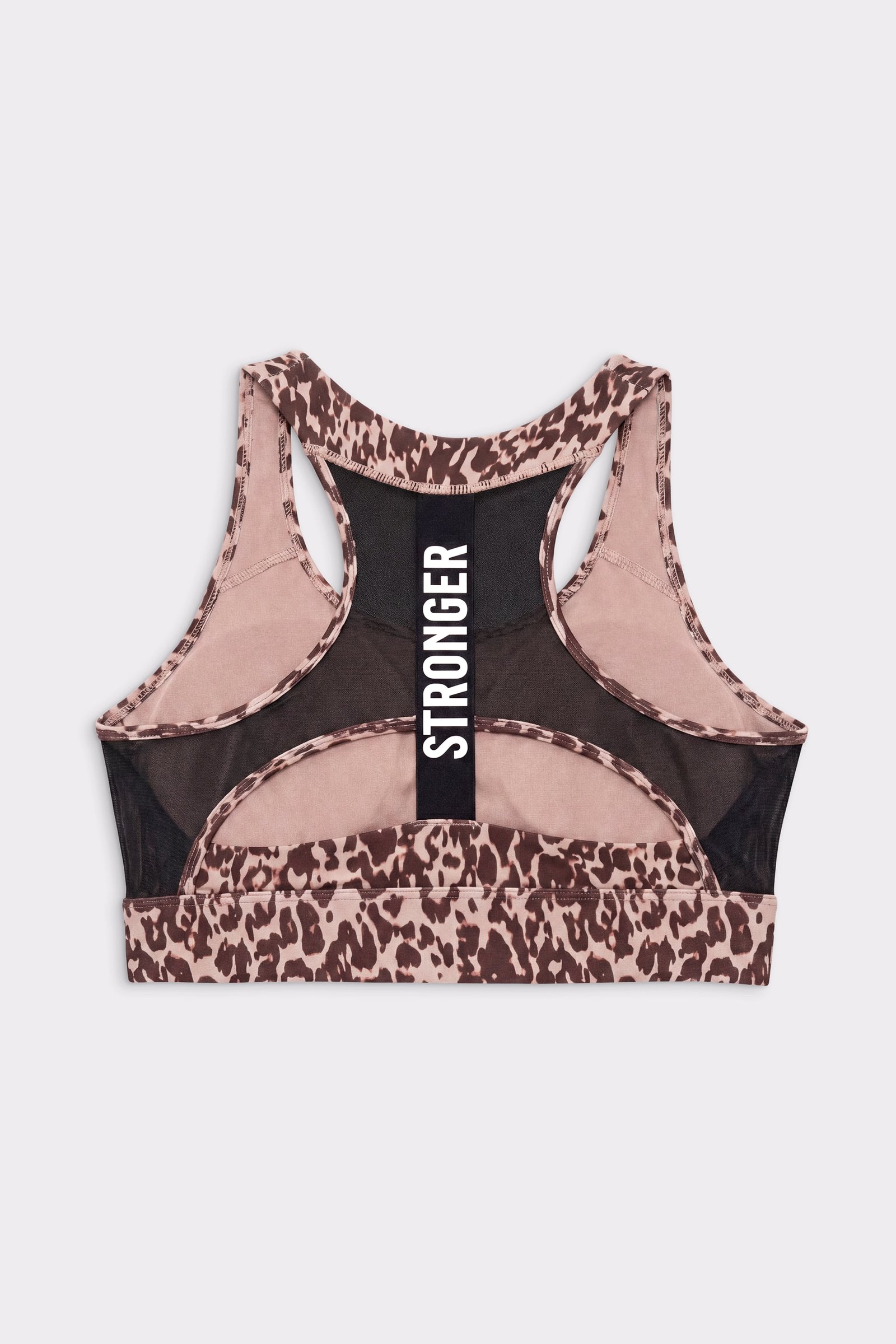 Back view of the light brown Leo Rush Bounce Sports Bra, featuring breathable mesh and a vertical Stronger logo.