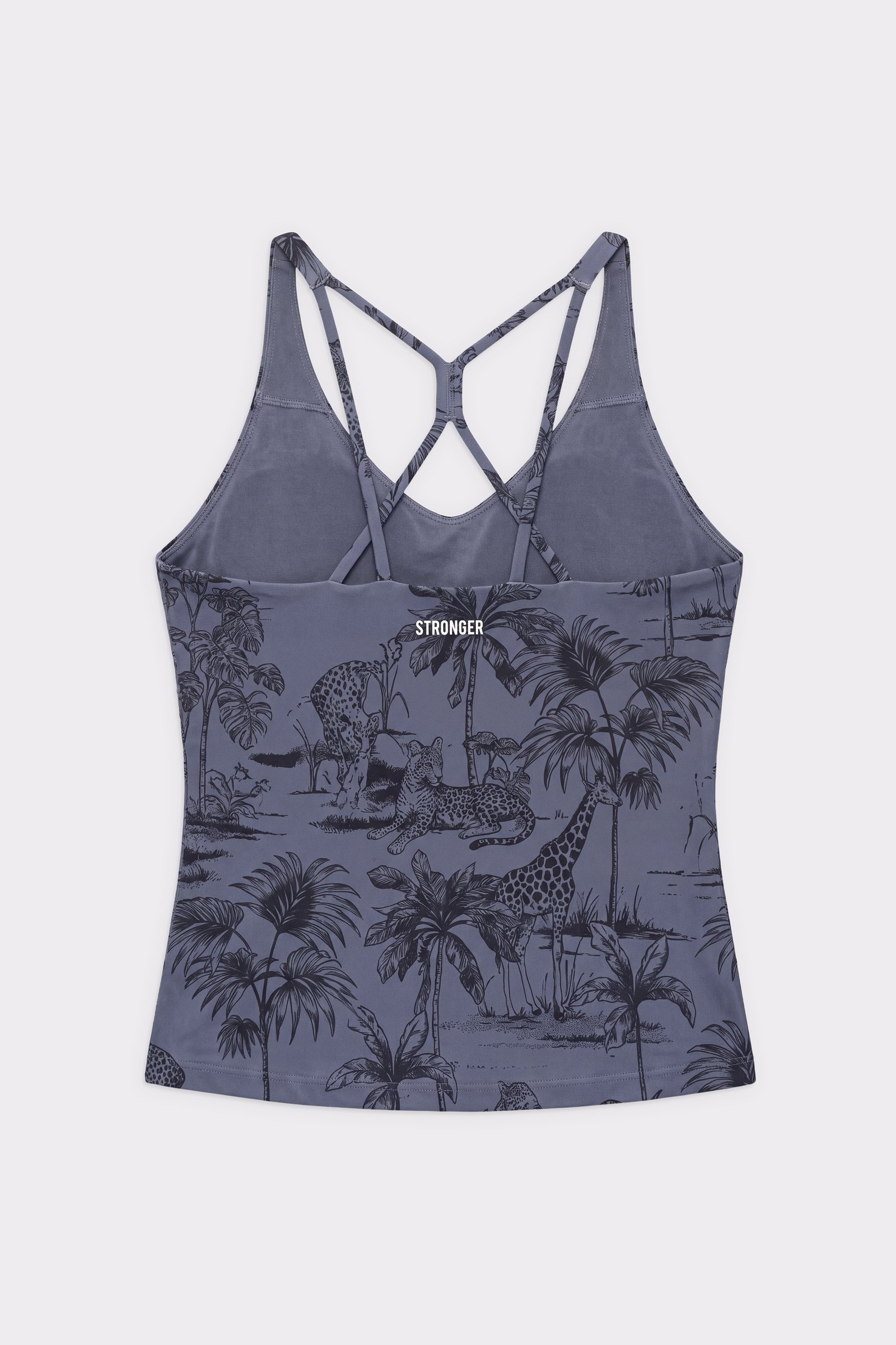 Rückansicht des dunkelgrauen Signature Strappy Tank von Stronger mit überkreuzten Trägern und einem Dark-Jungle-Toile-Print.