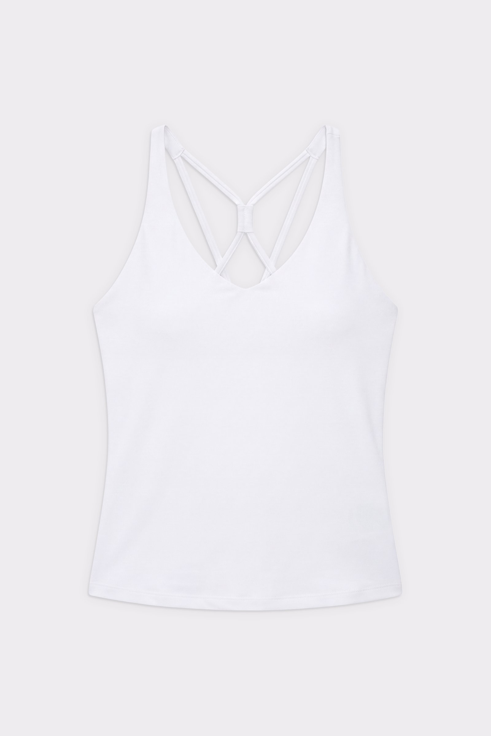 Stronger Signature Strappy Tank in leuchtendem Weiß mit schmalem, verkürztem Schnitt und filigranen Trägerdetails am Rücken.