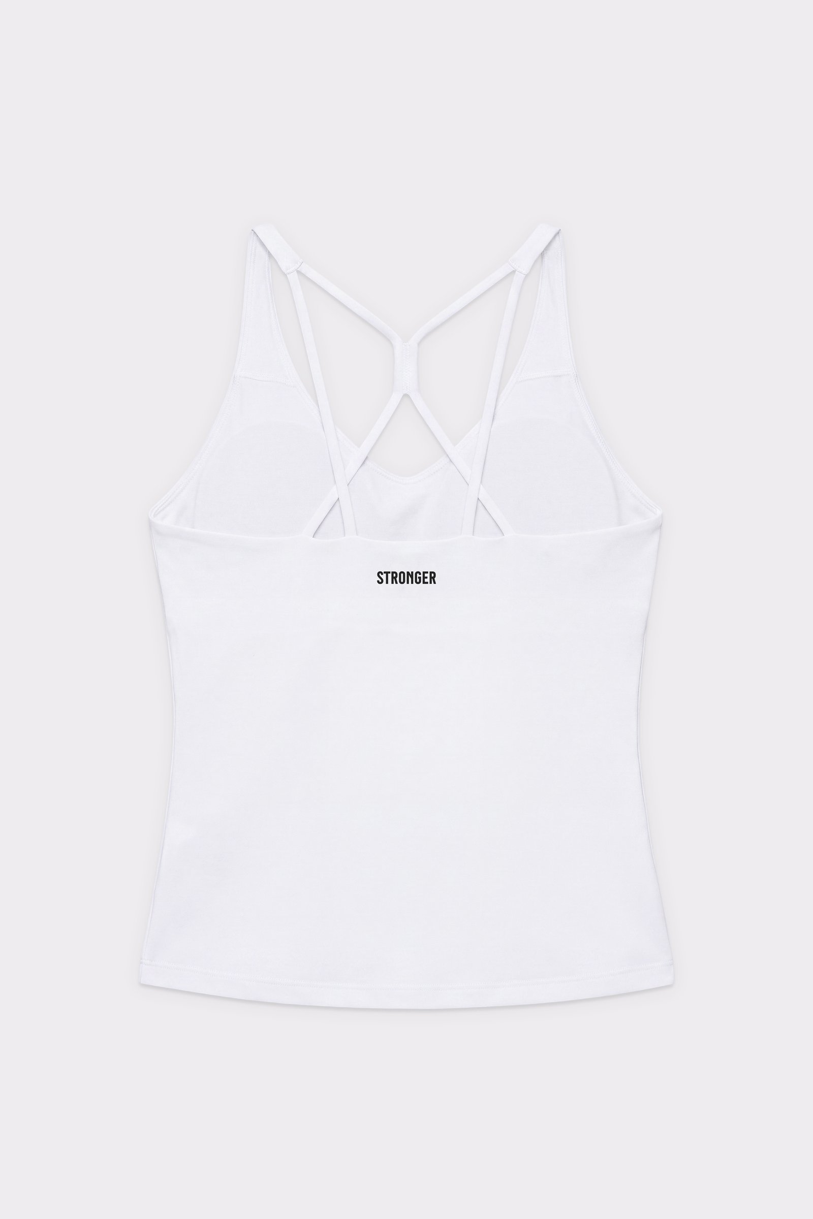 Rückansicht des weißen Signature Strappy Tank von Stronger mit figuurbetonter, verkürzter Passform und filigranen Trägern.
