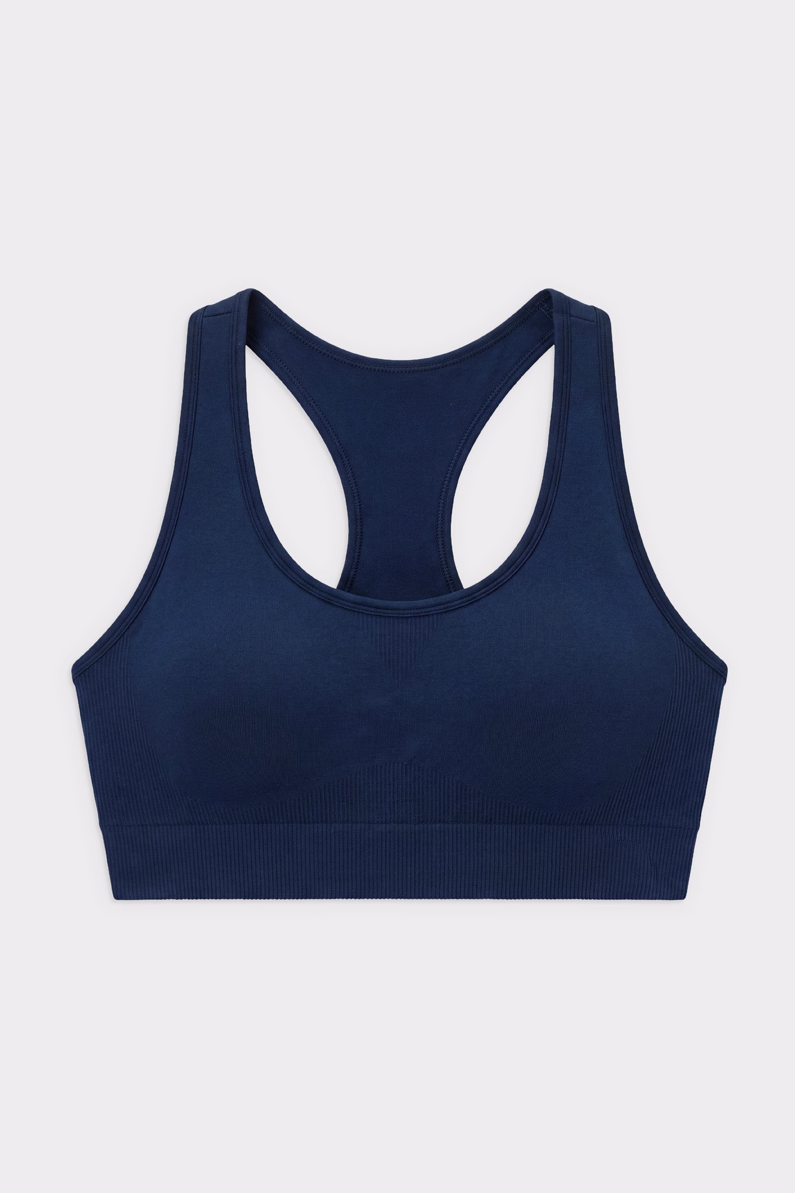 Stronger Seamless Contour Sports Bra in Navy Blau mit Ringerrücken und leichtem Halt für Workouts.