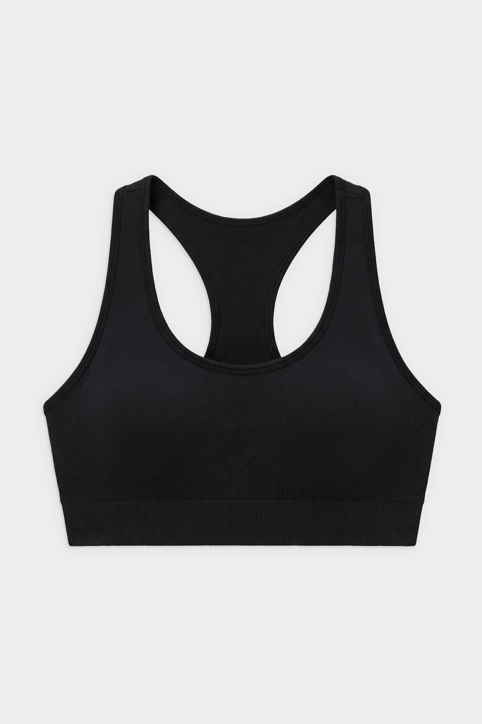 Schwarzer Seamless Contour Sports Bra von Stronger mit leichtem Halt und überkreuztem Rücken.