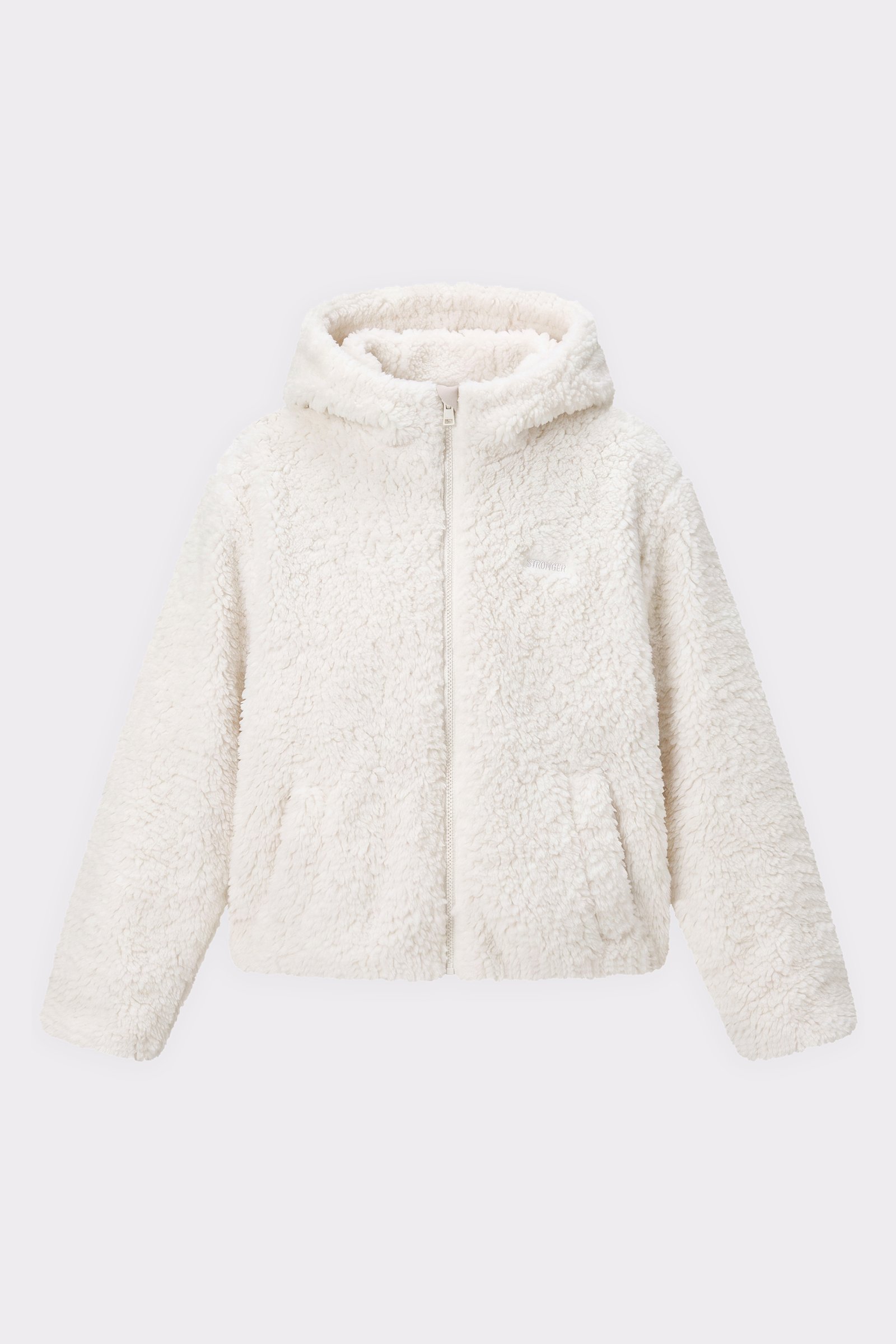 Stronger Hooded Pile Jacket in Whisper White mit Kapuze, Reißverschluss und weichem, strukturiertem Fleecematerial.