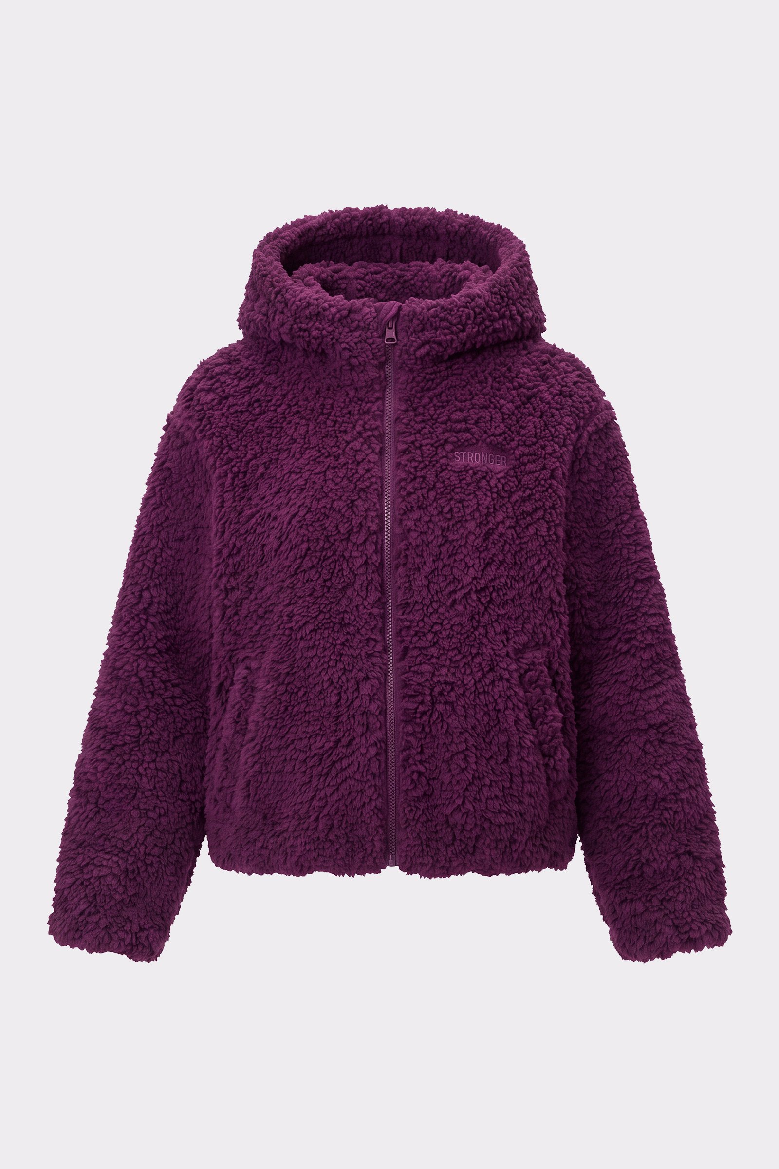 Front view of the dark purple Hooded Pile Jacket from stronger, showcasing the soft fleece texture and front zip.