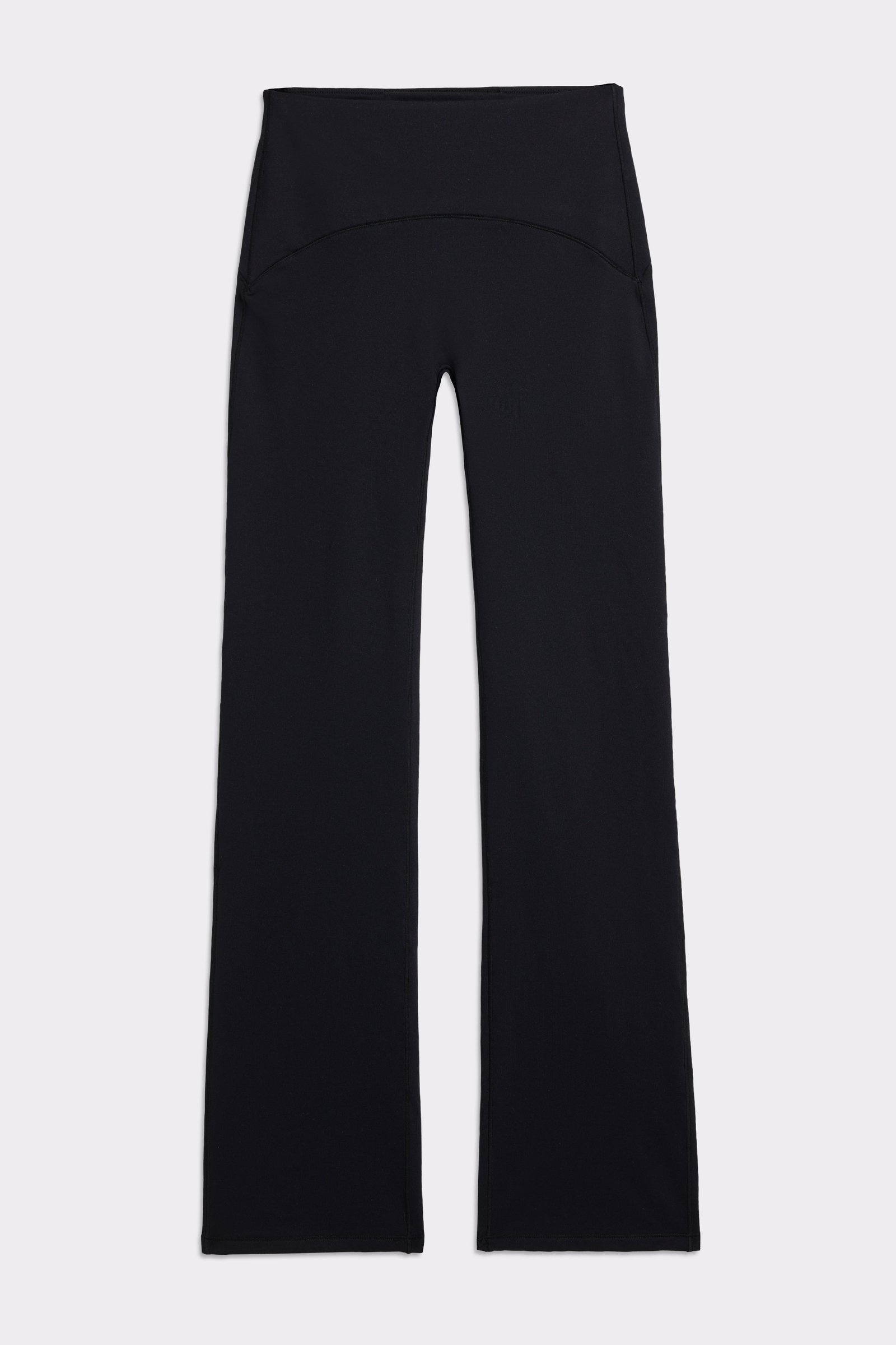 Close-up of the black Thermal Bootcut Pants from Stronger, showcasing the high waist and flared leg design.