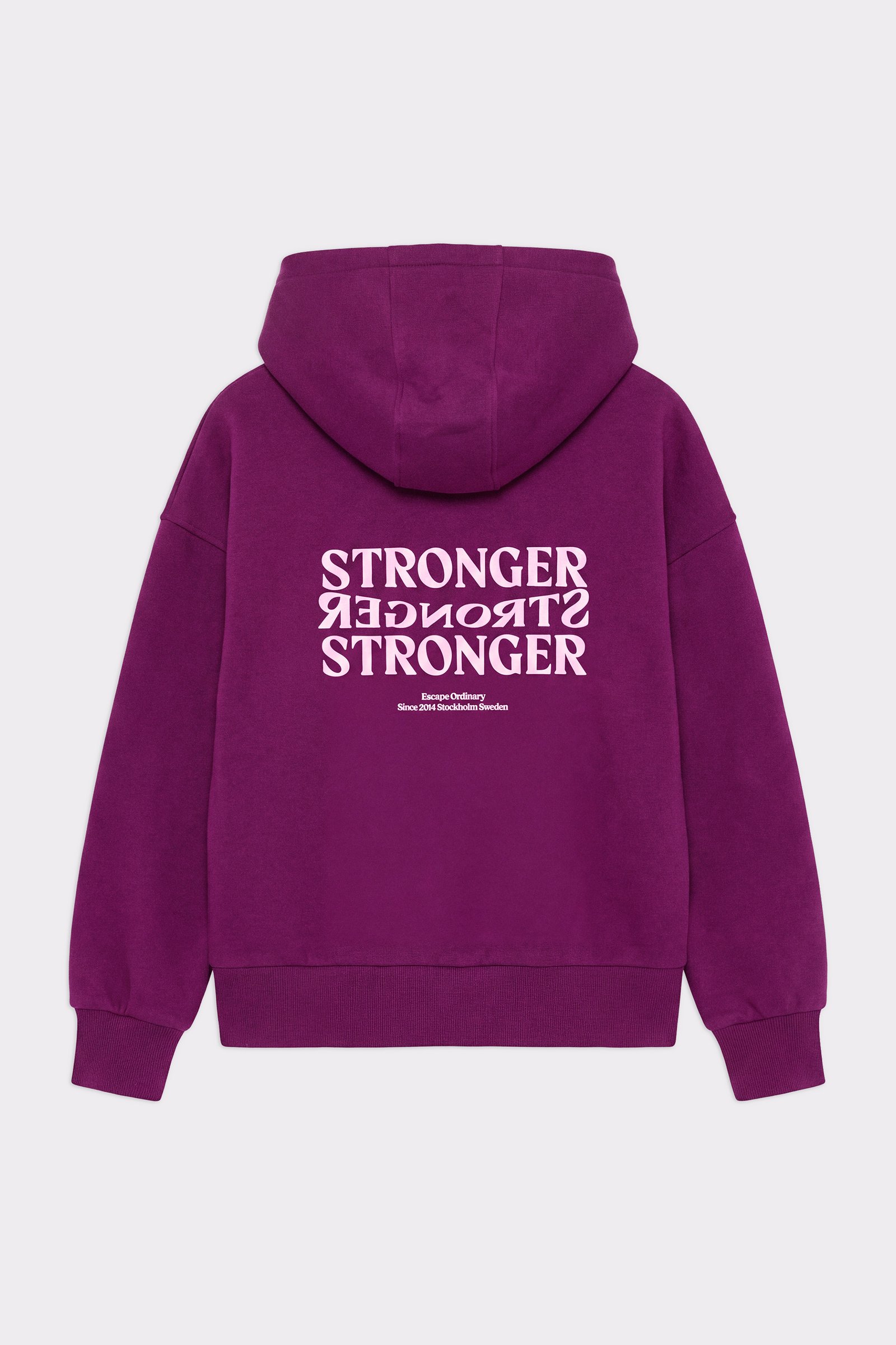 Back view of the Relaxed Full Zip Hoodie in aubergine purple from stronger, showing the puff-printed graphic at center back.
