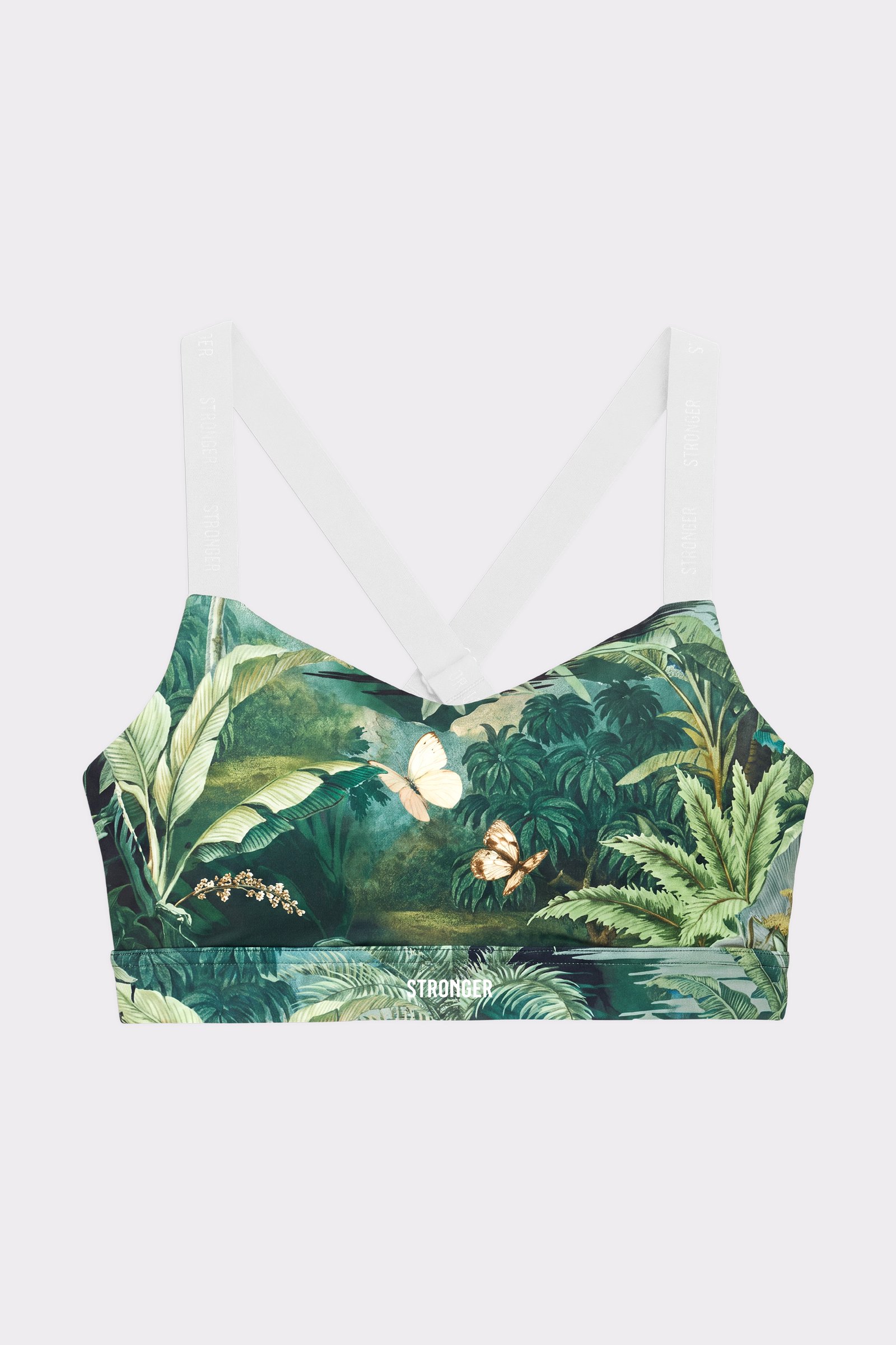 Stronger Power Sports Bra mit tropischem Blättermuster, hohem Halt, vorgeformten Cups und weißen verstellbaren Trägern.