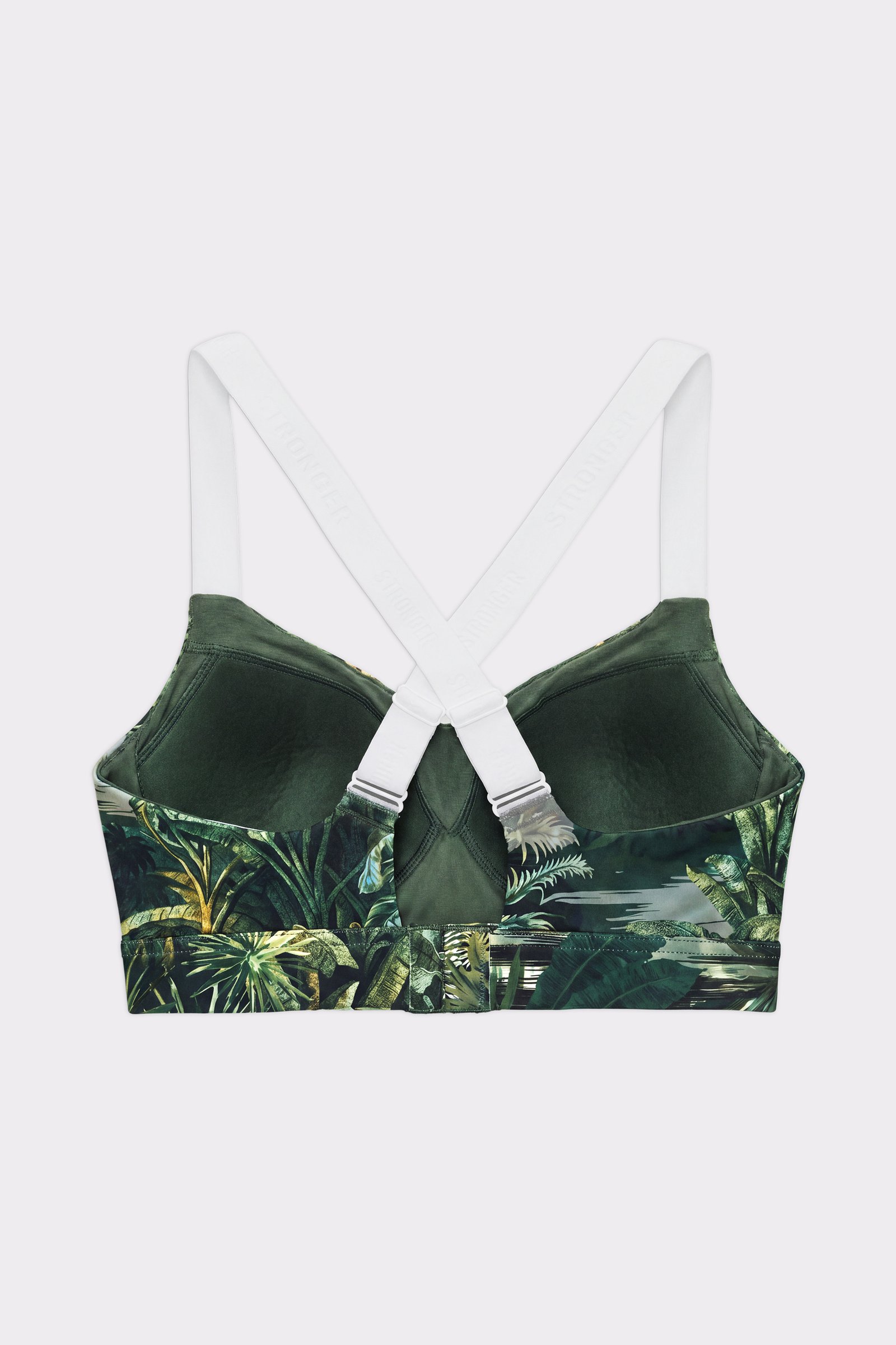 Rückansicht des Stronger Power Sports Bra mit grünem Tropenblatt-Print und verstellbaren, weißen Überkreuz-Trägern.